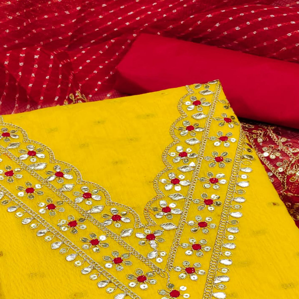 Yellow Woven With Sequins Embroidered Chanderi Dress Material