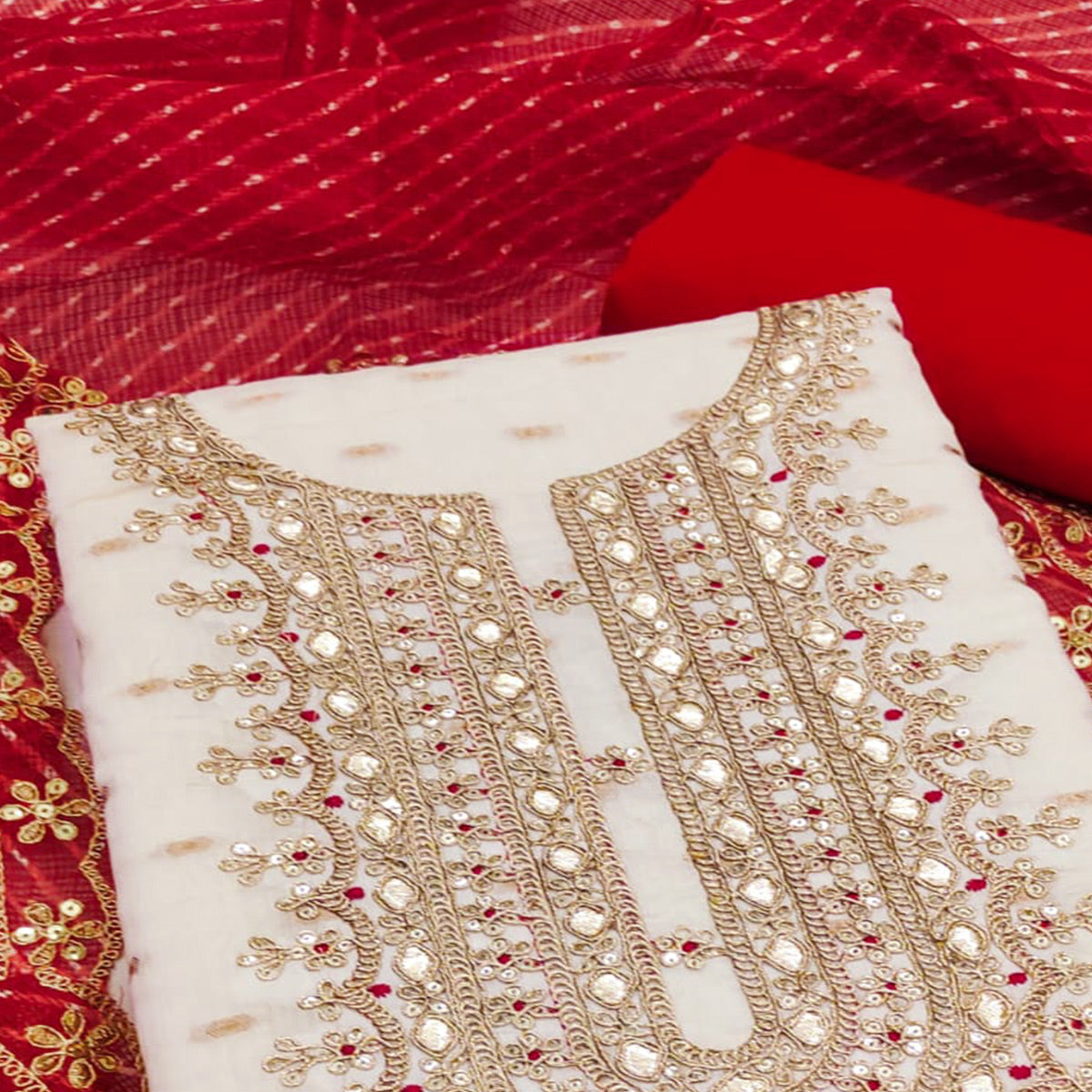 Offwhite Woven With Sequins Embroidered Chanderi Dress Material