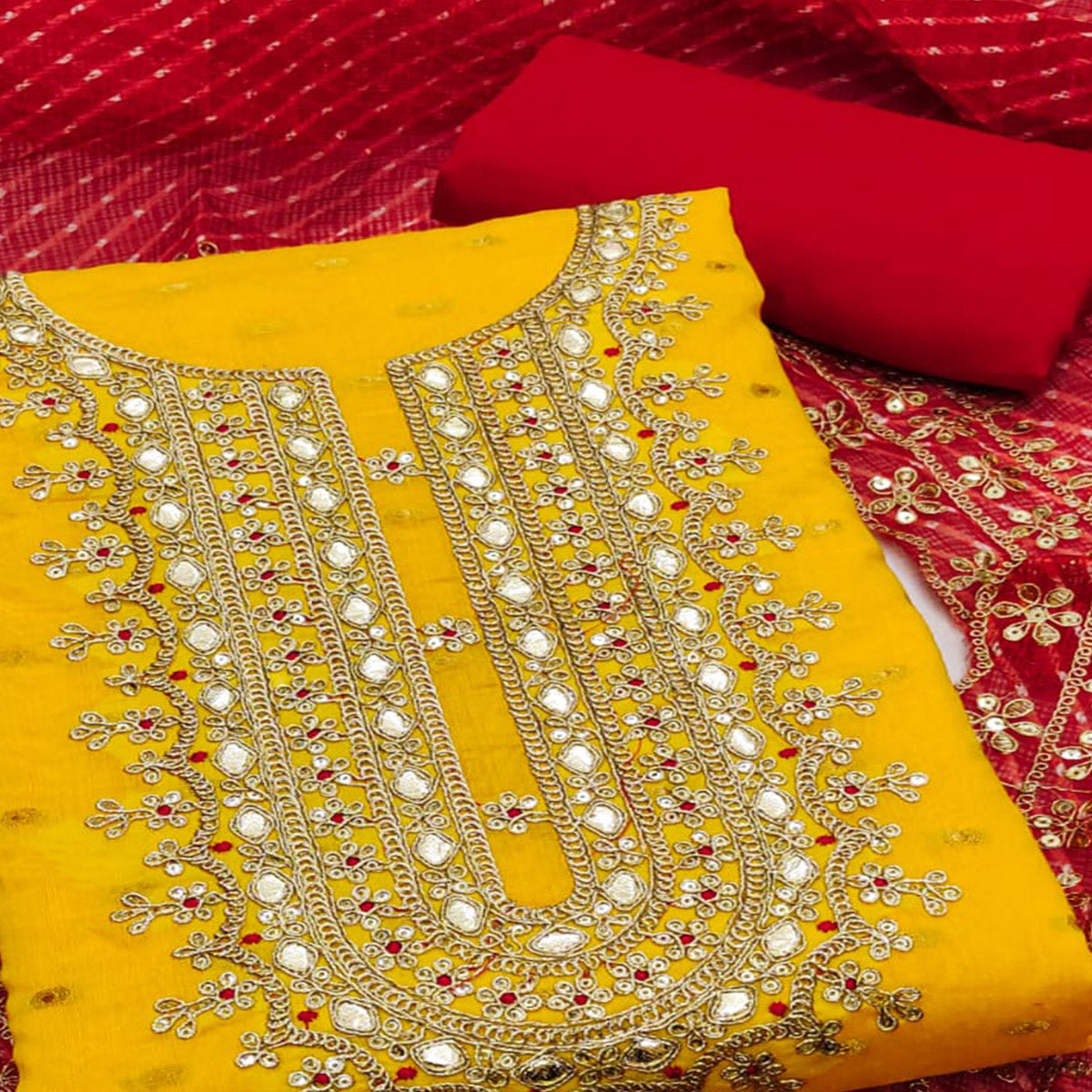 Yellow Woven With Sequins Embroidered Chanderi Dress Material