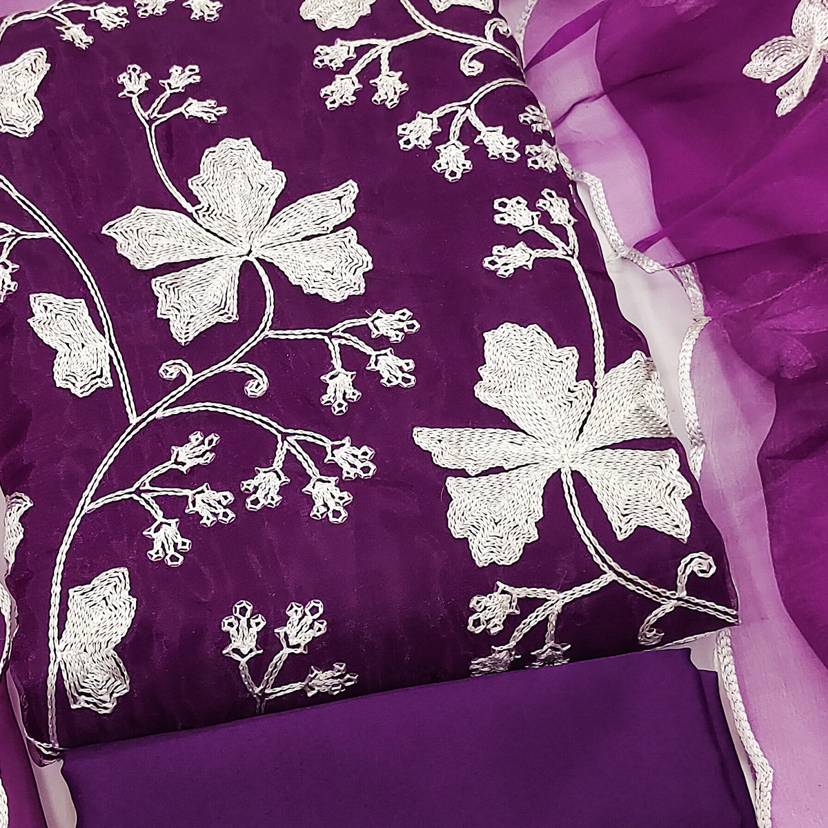 Purple Floral Embroidered Organza Dress Material