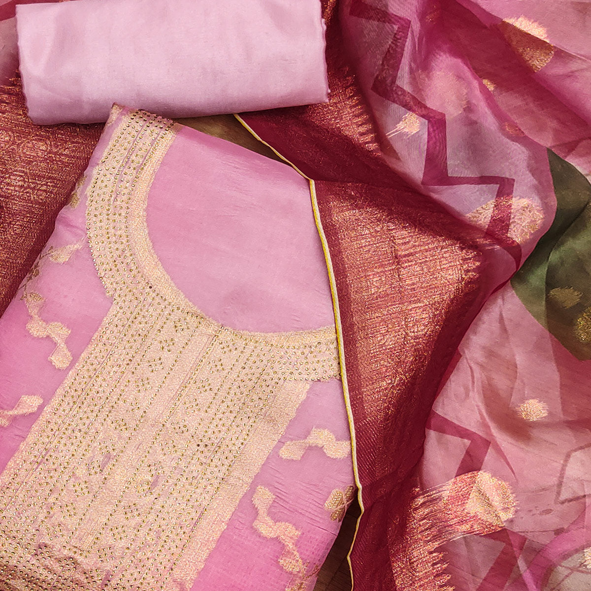 Pink Woven Work Organza Dress Material