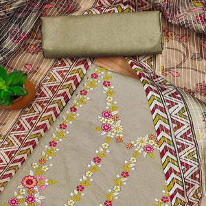 Grey Floral Embroidered Chanderi Silk Dress Material