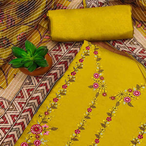 Mustard Floral Embroidered Chanderi Silk Dress Material