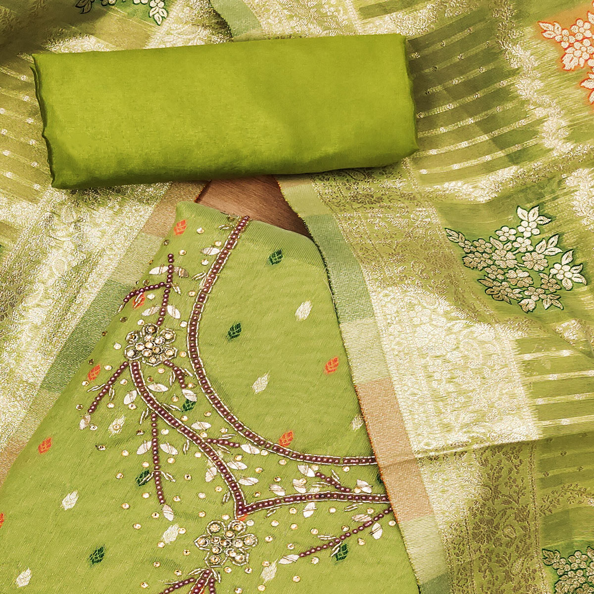 Green Woven With Handwork Simmer Jacquard Dress Material