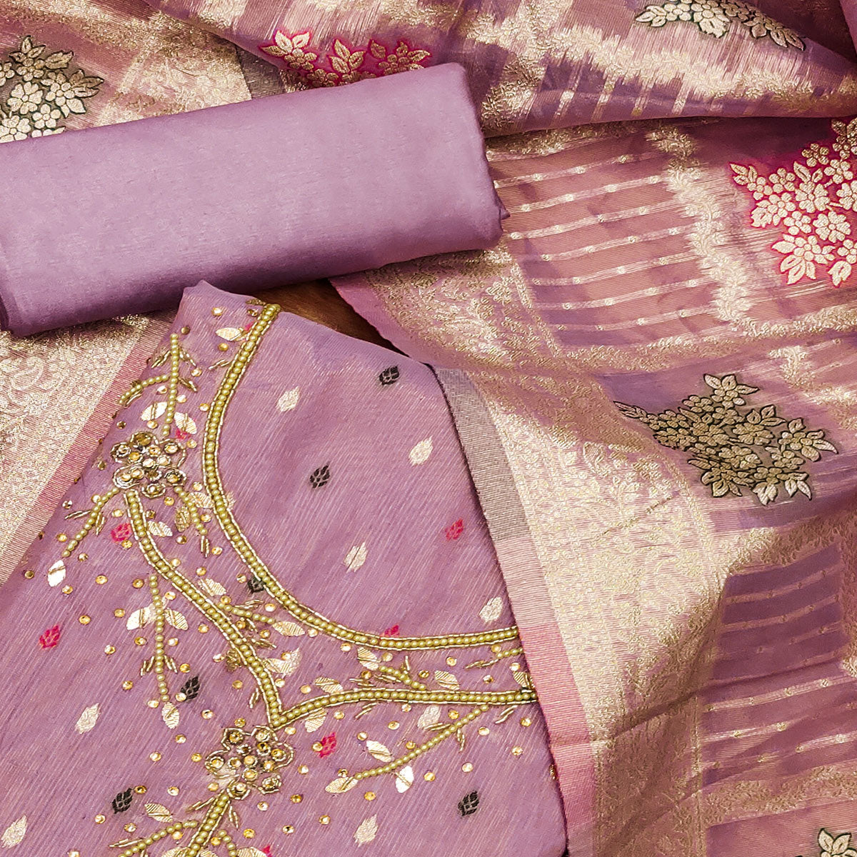 Lavender Woven With Handwork Simmer Jacquard Dress Material