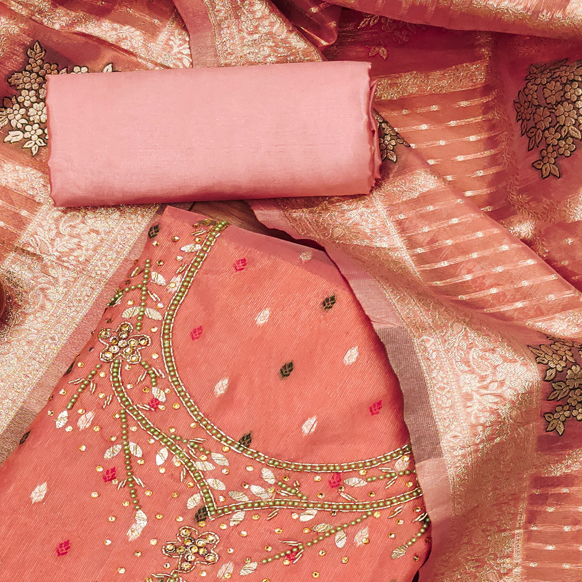 Peach Woven With Handwork Simmer Jacquard Dress Material