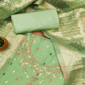 Pista Green Woven With Handwork Simmer Jacquard Dress Material