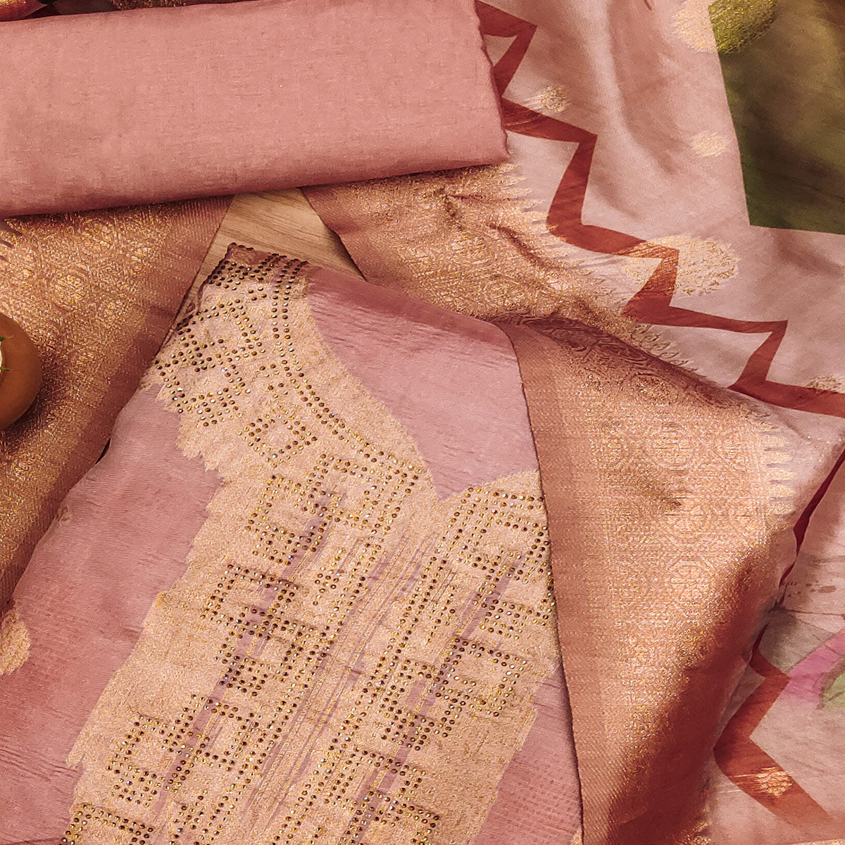 Peach Woven With Digital Printed & Swarovski Organza Dress Material