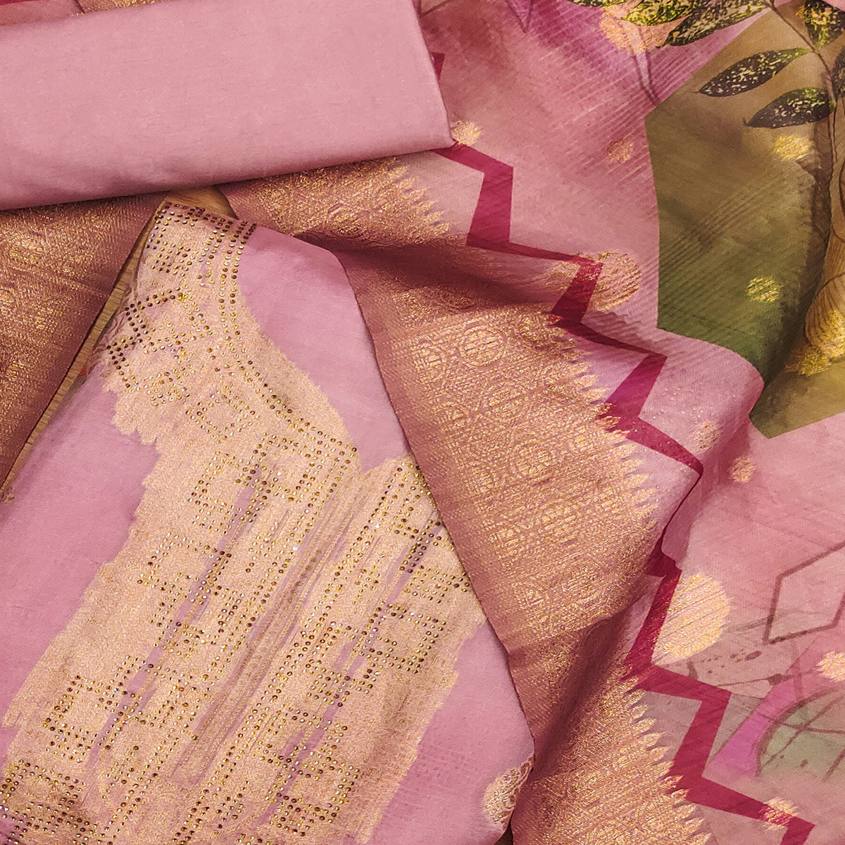 Pink Woven With Digital Printed & Swarovski Organza Dress Material