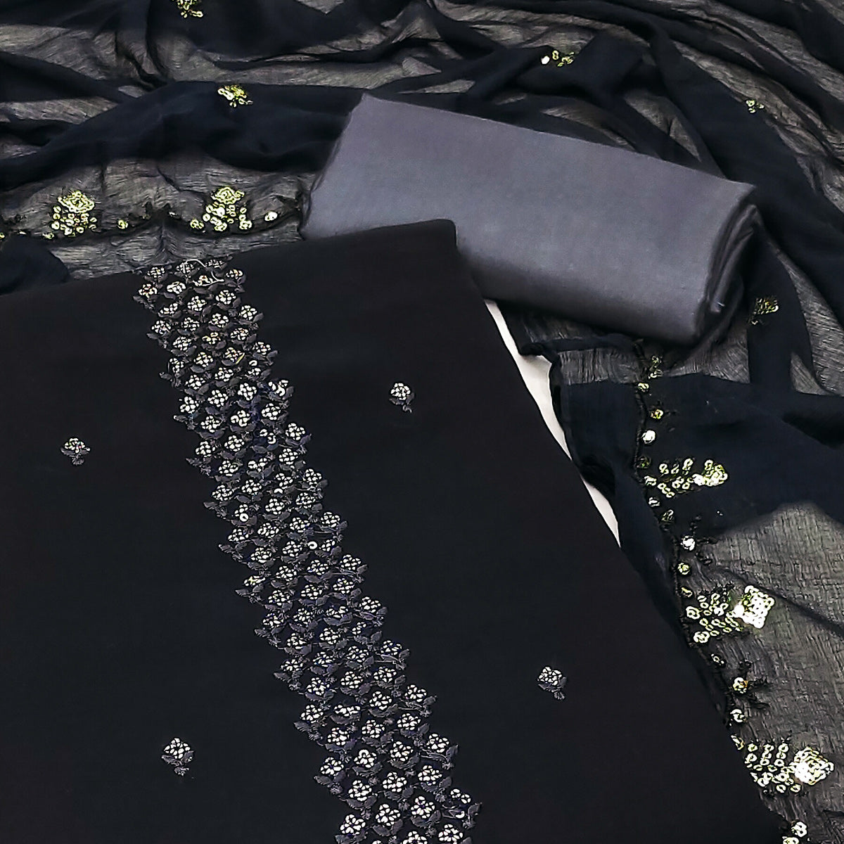 Black Floral Sequins Embroidered Georgette Dress Material