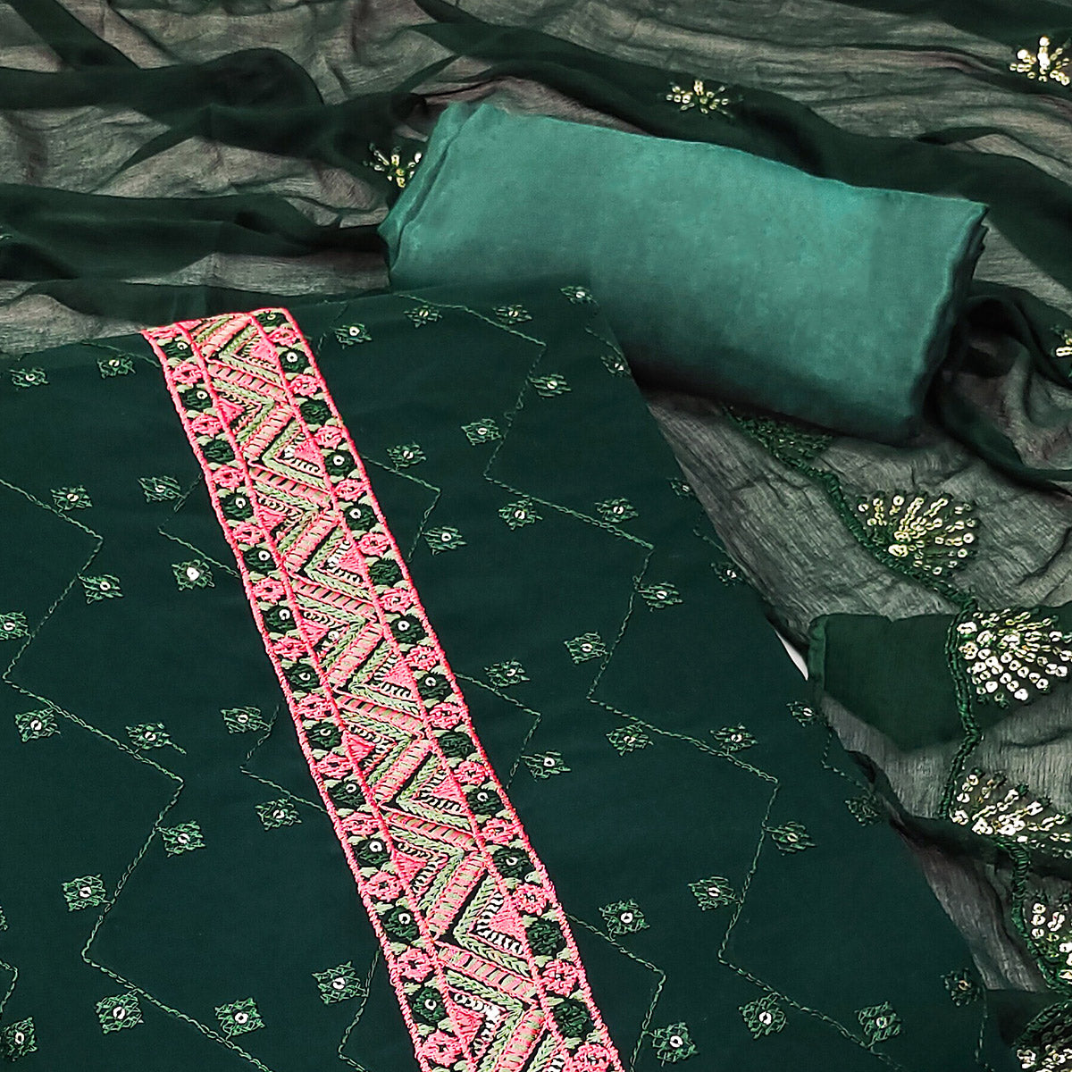 Green Sequins Embroidered Georgette Dress Material
