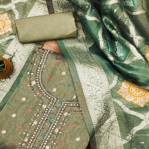 Green Woven With Handwork Simmer Jacquard Dress Material