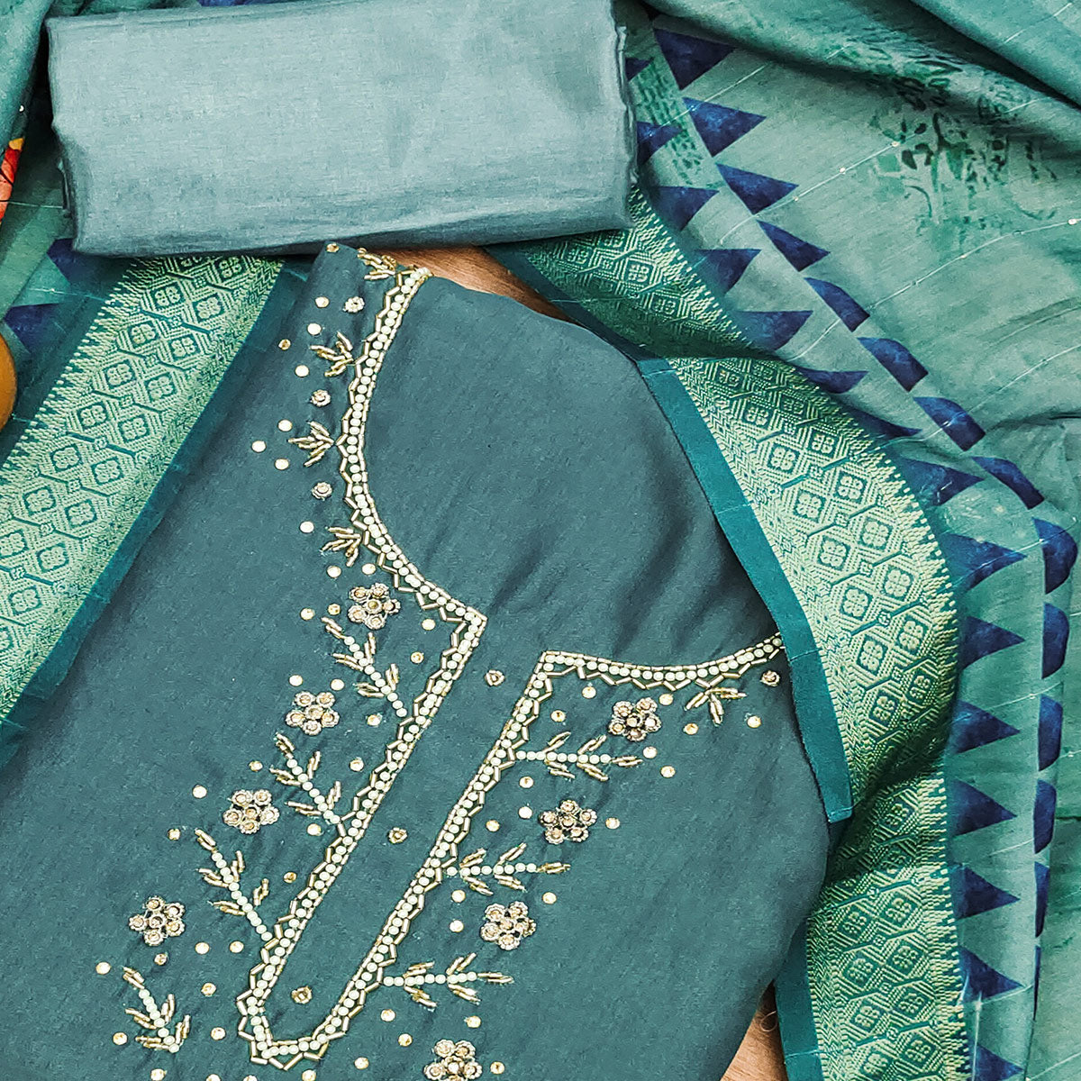 Rama Green Handwork Simmer Jacquard Dress Material