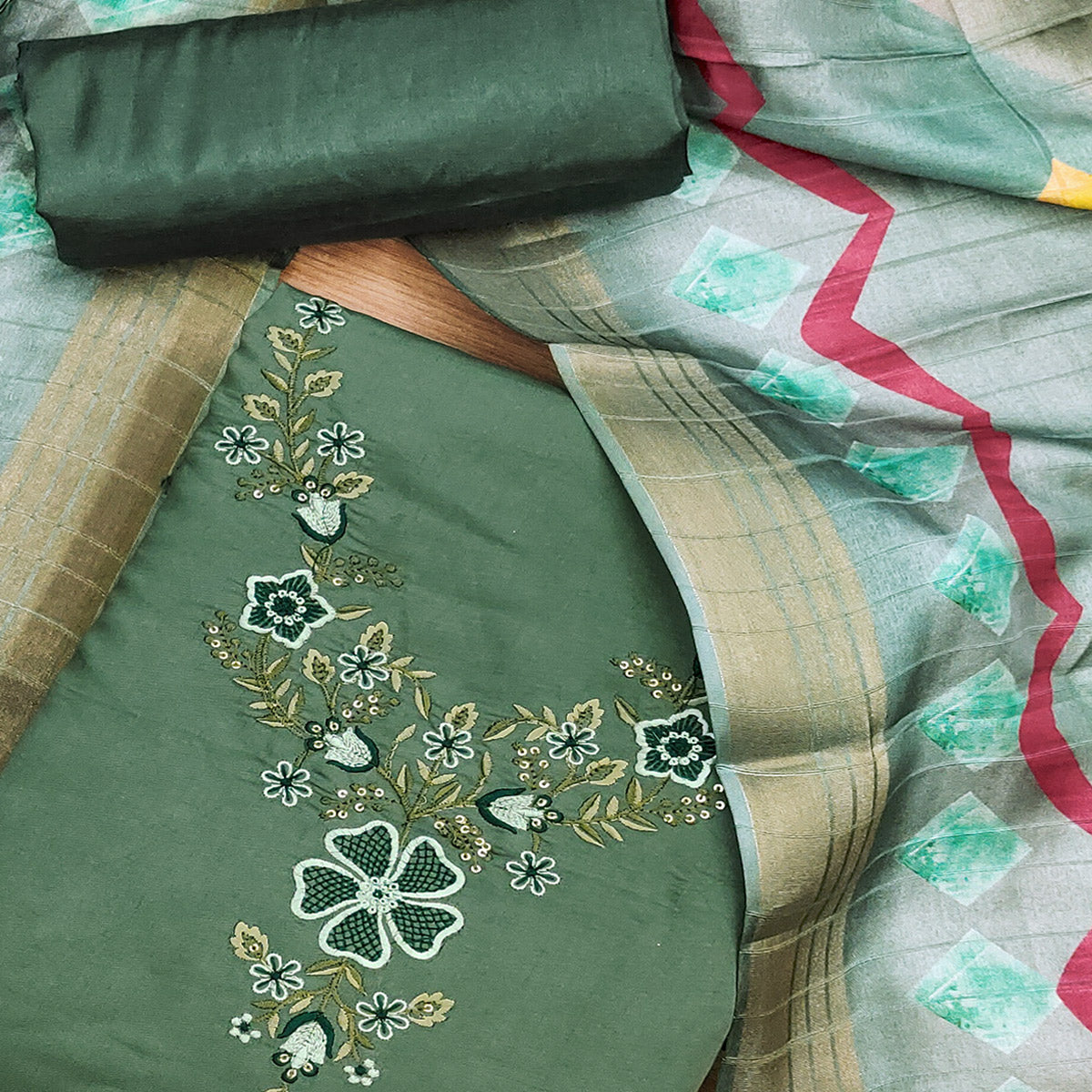 Green Embroidered Chanderi Silk Dress Material