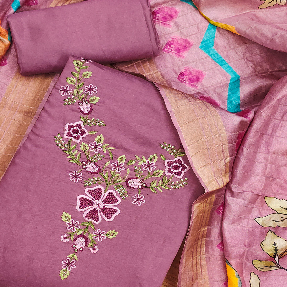 Onion Pink Embroidered Chanderi Silk Dress Material