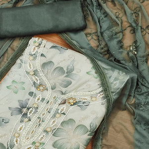 Light Green Floral Sequins Embroidered With Printed Organza Dress Material