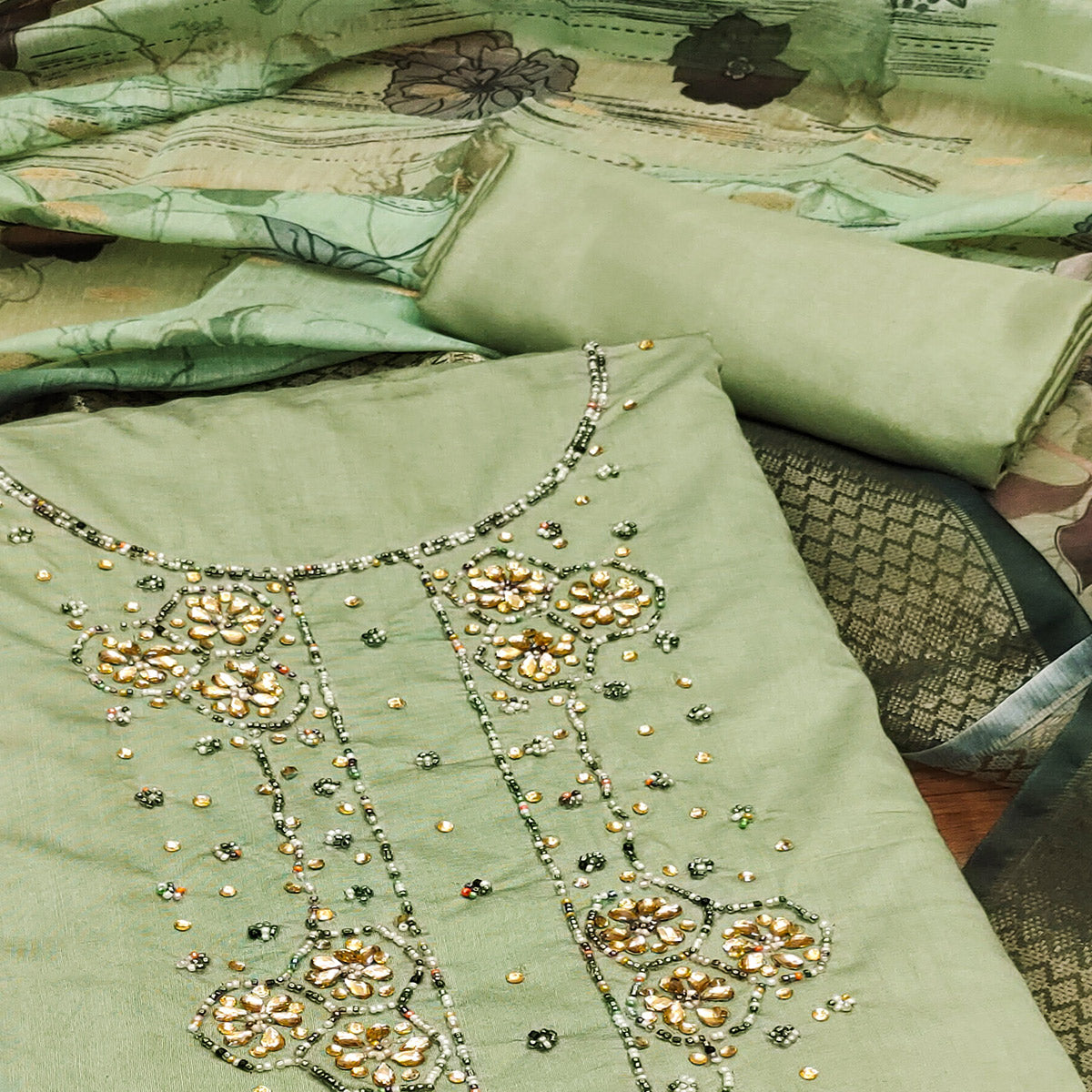 Green Floral Handwork Cotton Silk Dress Material