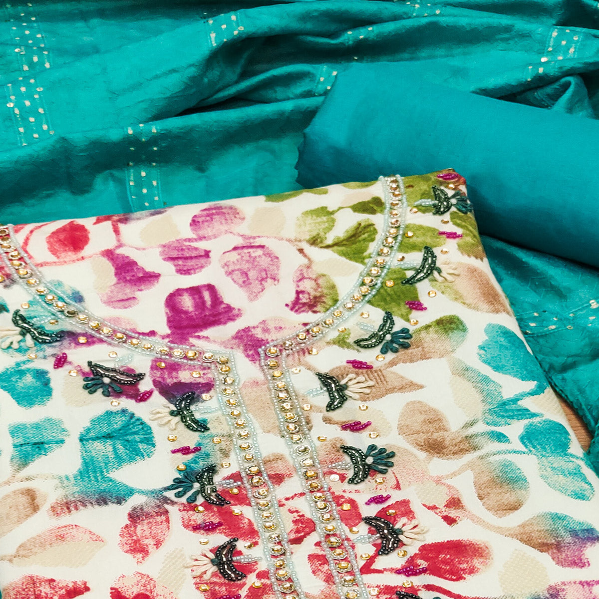 Rama Blue Floral Foil Printed With Handwork Modal Cotton Silk Dress Material