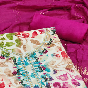 Rani Pink Floral Foil Printed With Handwork Modal Cotton Silk Dress Material