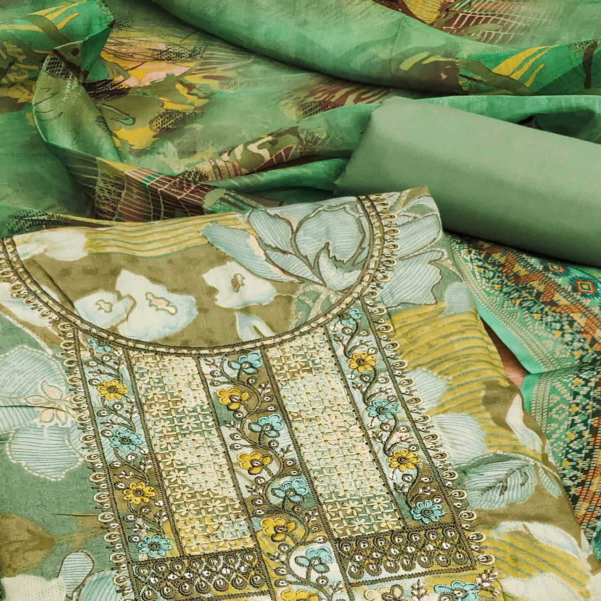 Green Floral Foil Printed With Embroidery Modal Cotton Silk Dress Material