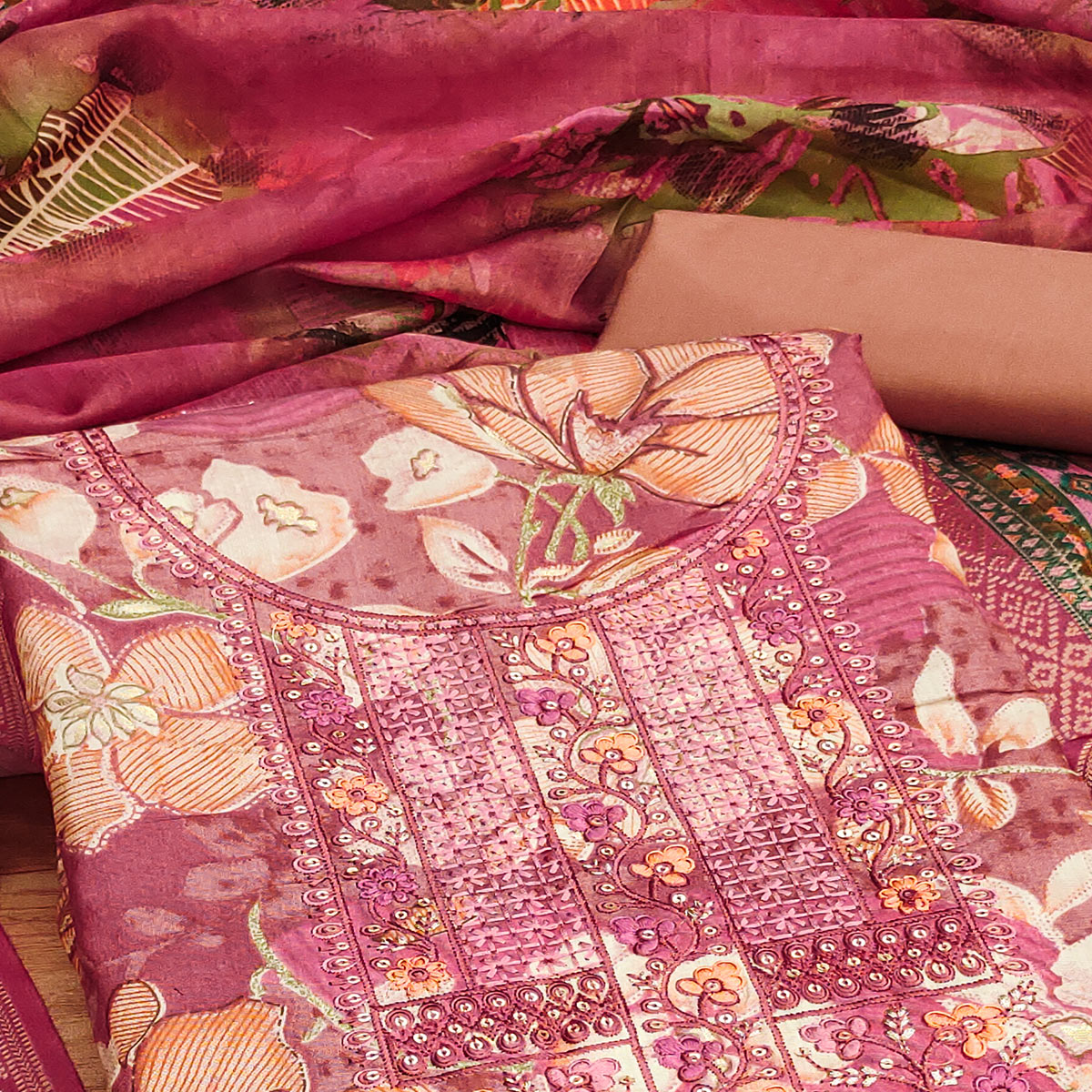 Pink Floral Foil Printed With Embroidery Modal Cotton Silk Dress Material