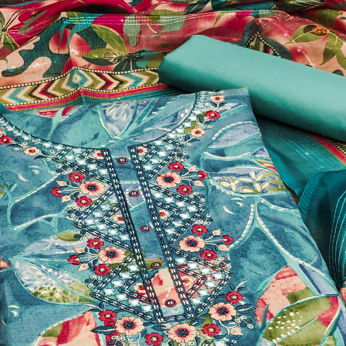 Blue Floral Foil Printed With Embroidery Modal Cotton Silk Dress Material