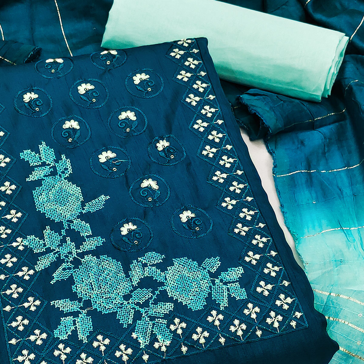 Blue Embroidered Art Silk Dress Material