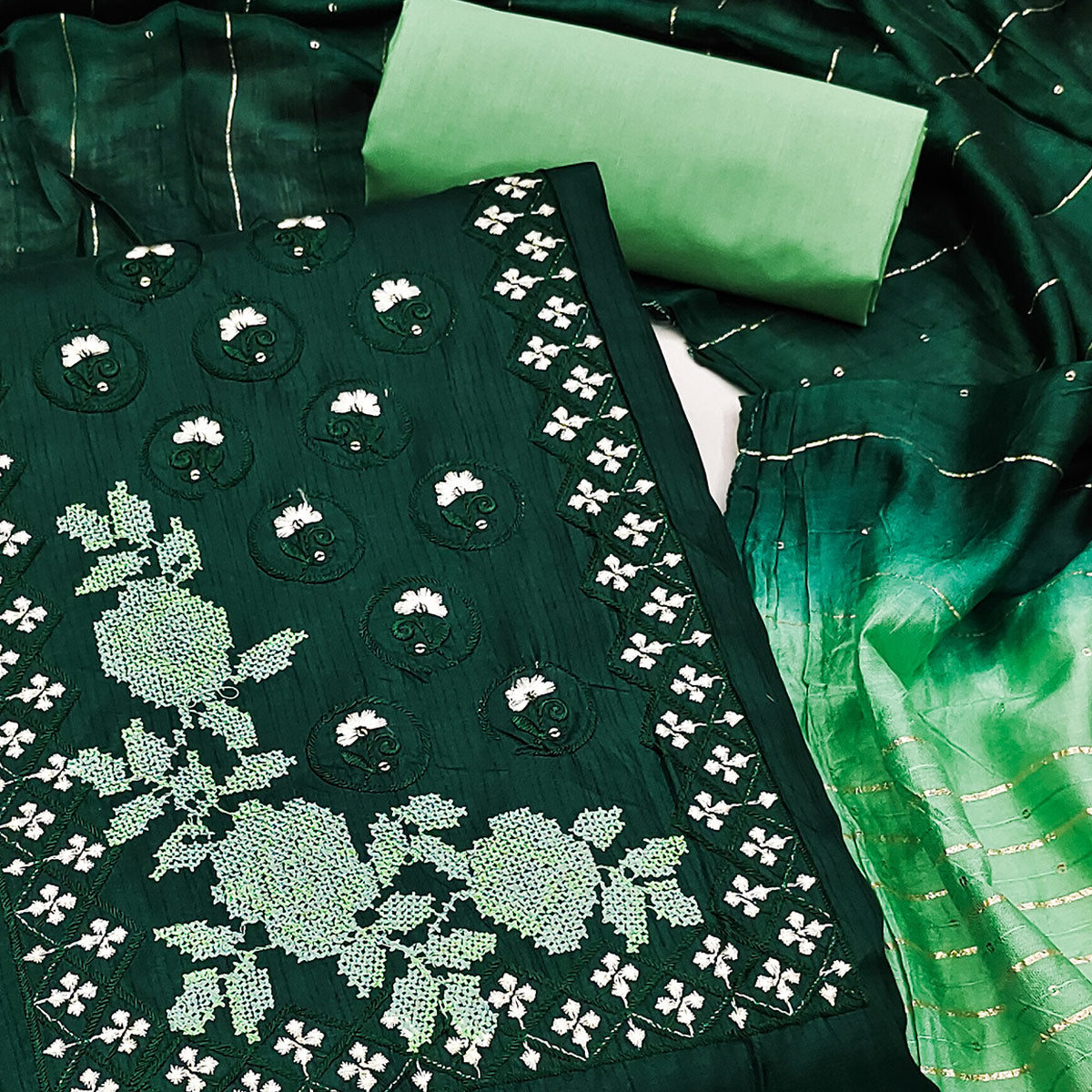 Green Embroidered Art Silk Dress Material