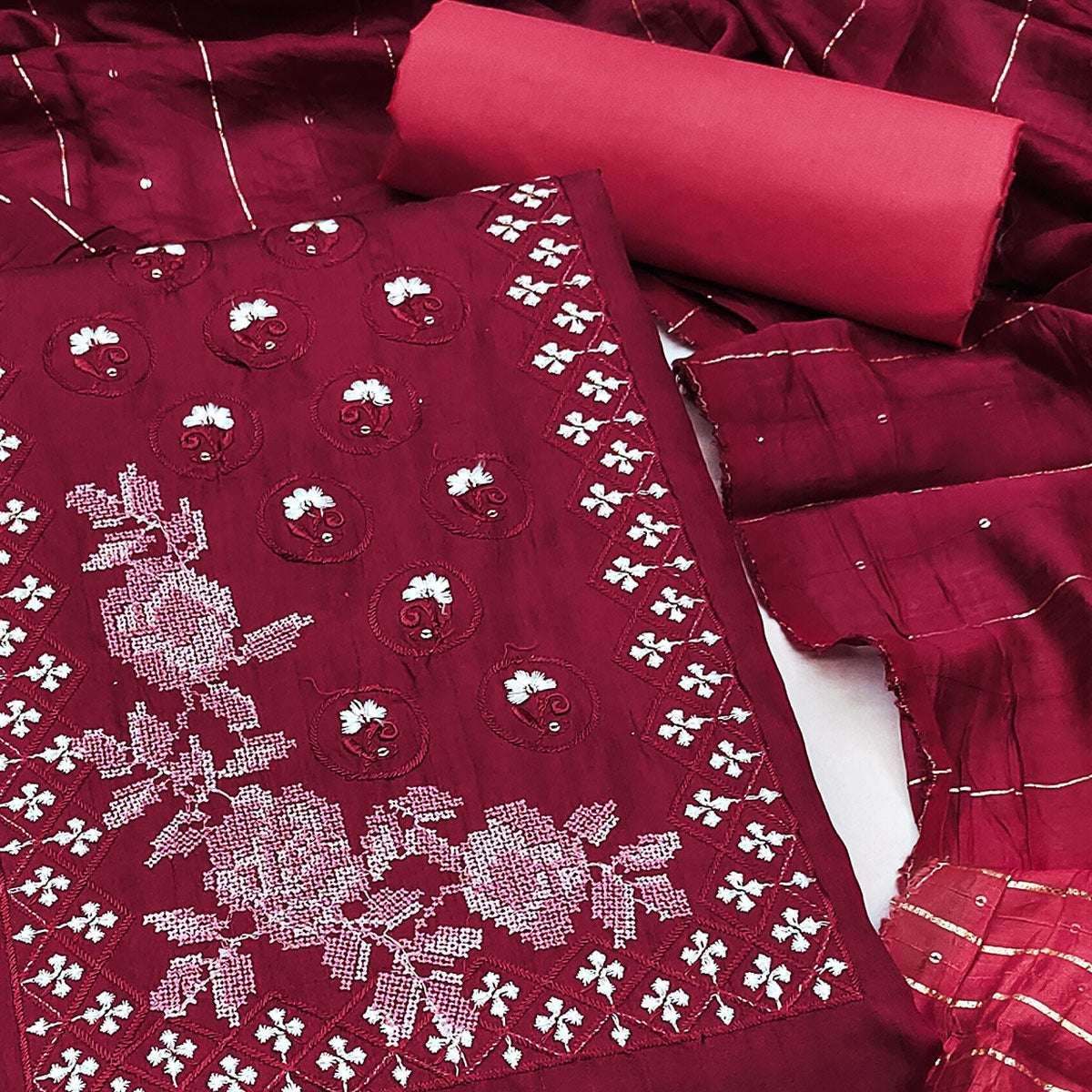 Maroon Embroidered Art Silk Dress Material