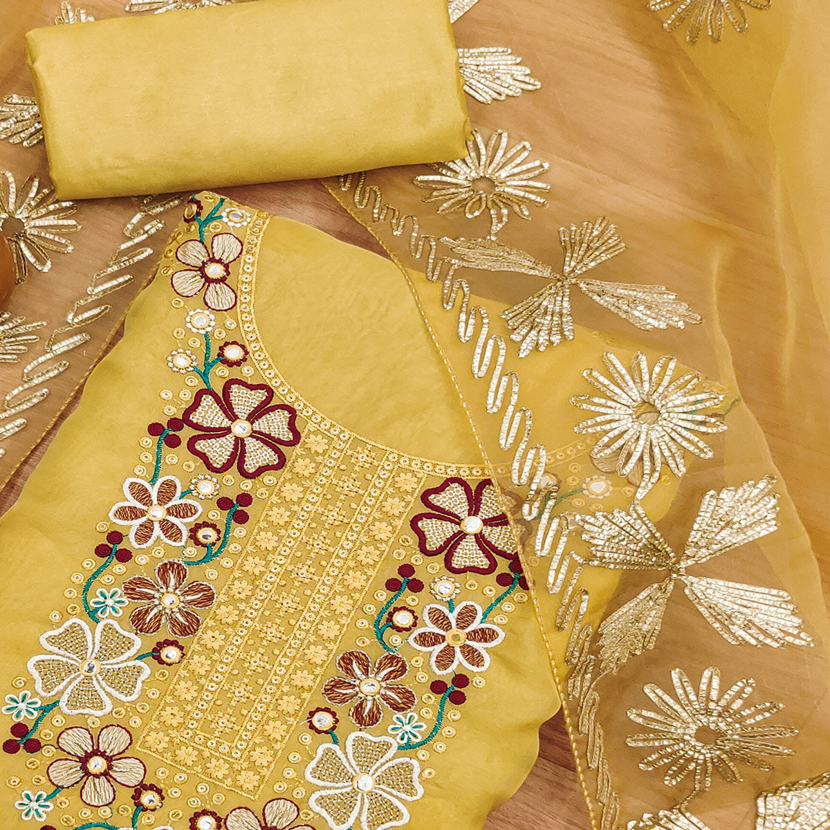 Yellow Floral Embroidered Soft Organza Dress Material