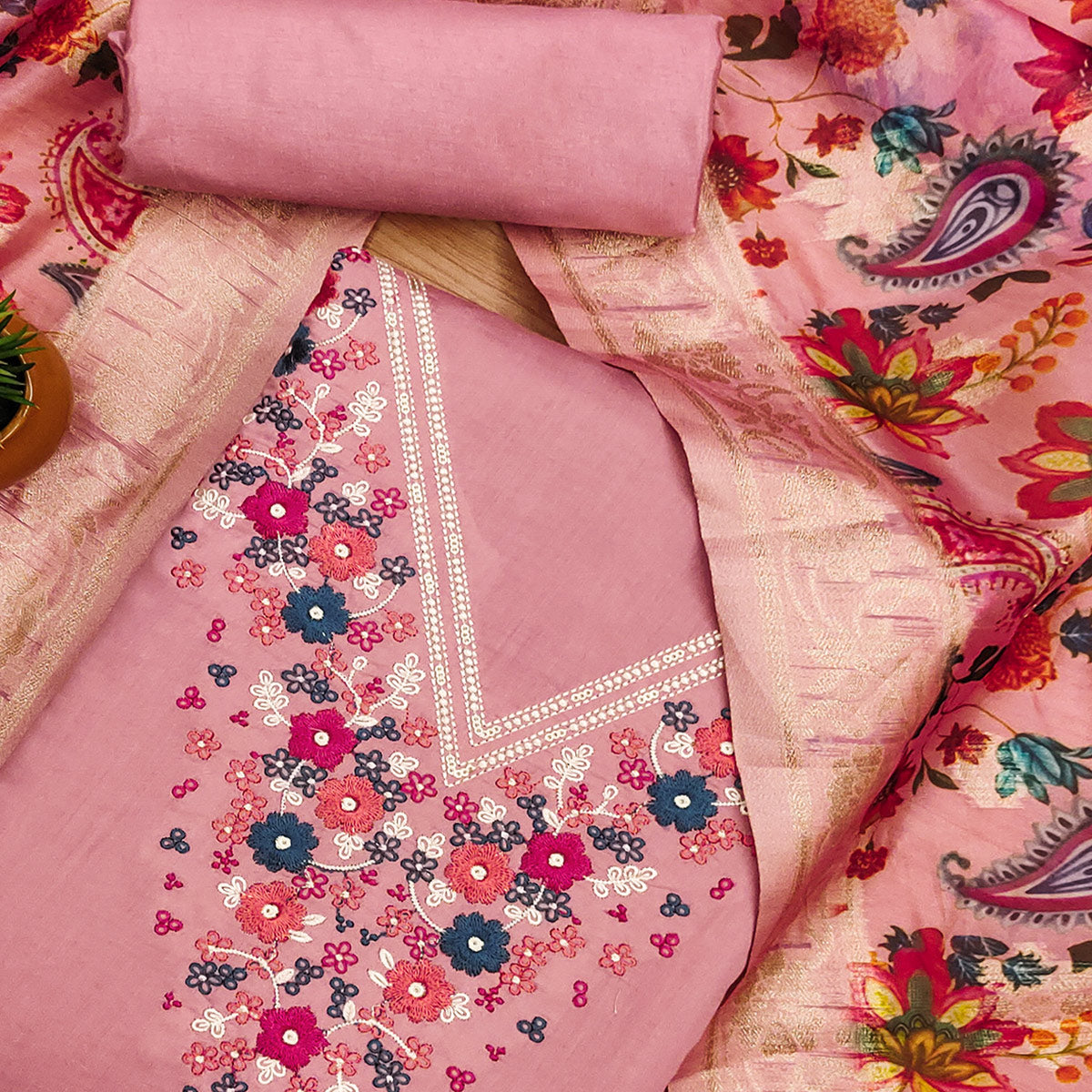 Peach Floral Embroidered Roman Cottom Silk Dress Material