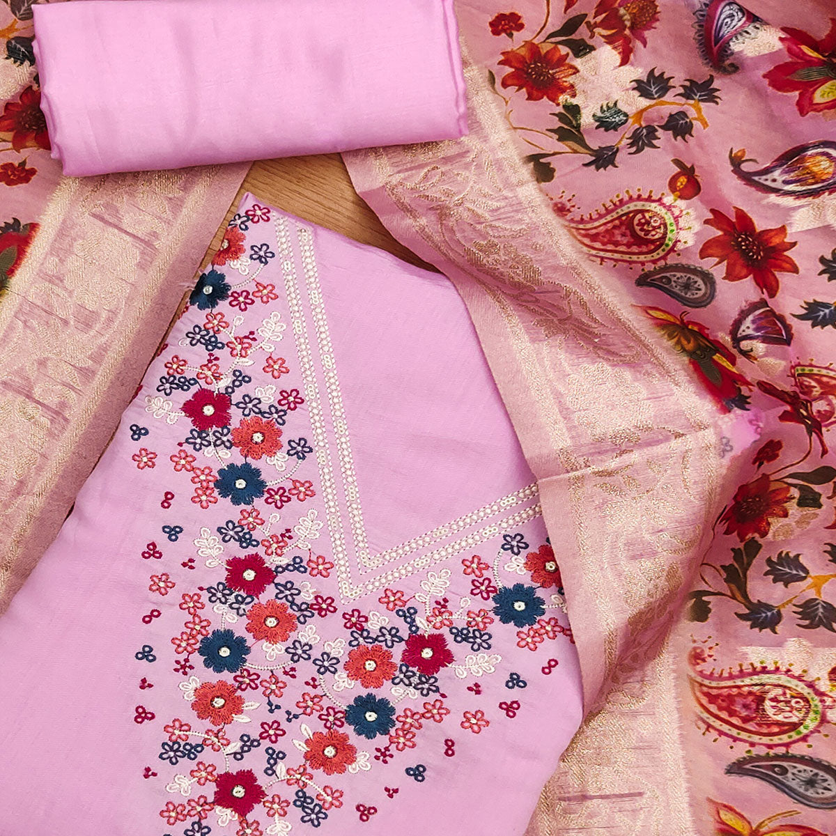 Pink Floral Embroidered Roman Cottom Silk Dress Material