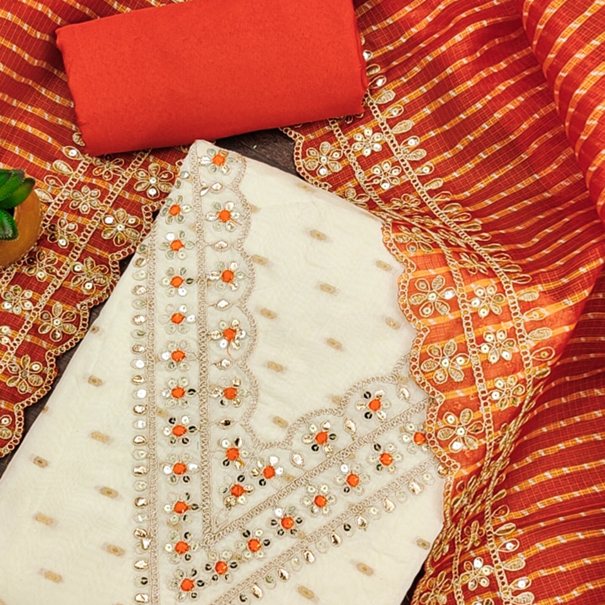 Off White & Orange Embroidered Chanderi Dress Material