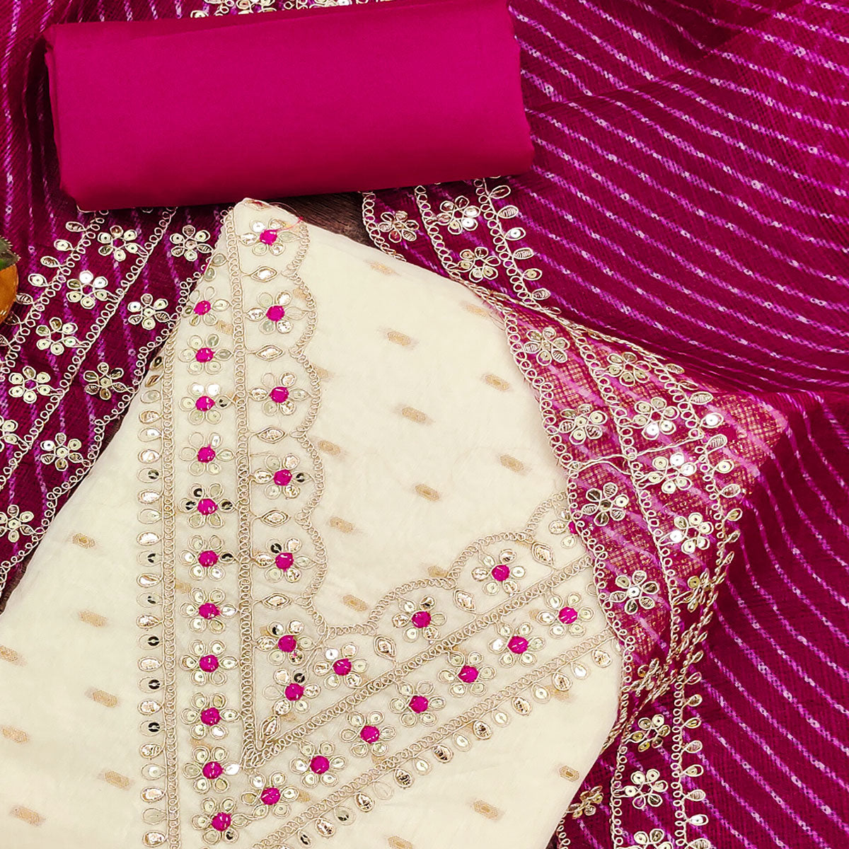 Off White & Pink Embroidered Chanderi Dress Material