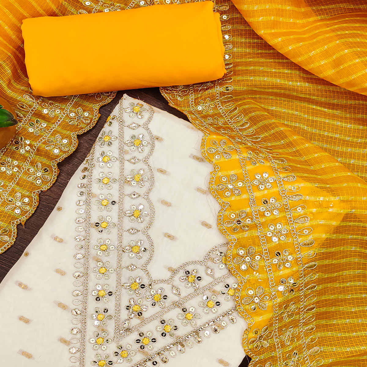 Off White & Yellow Embroidered Chanderi Dress Material