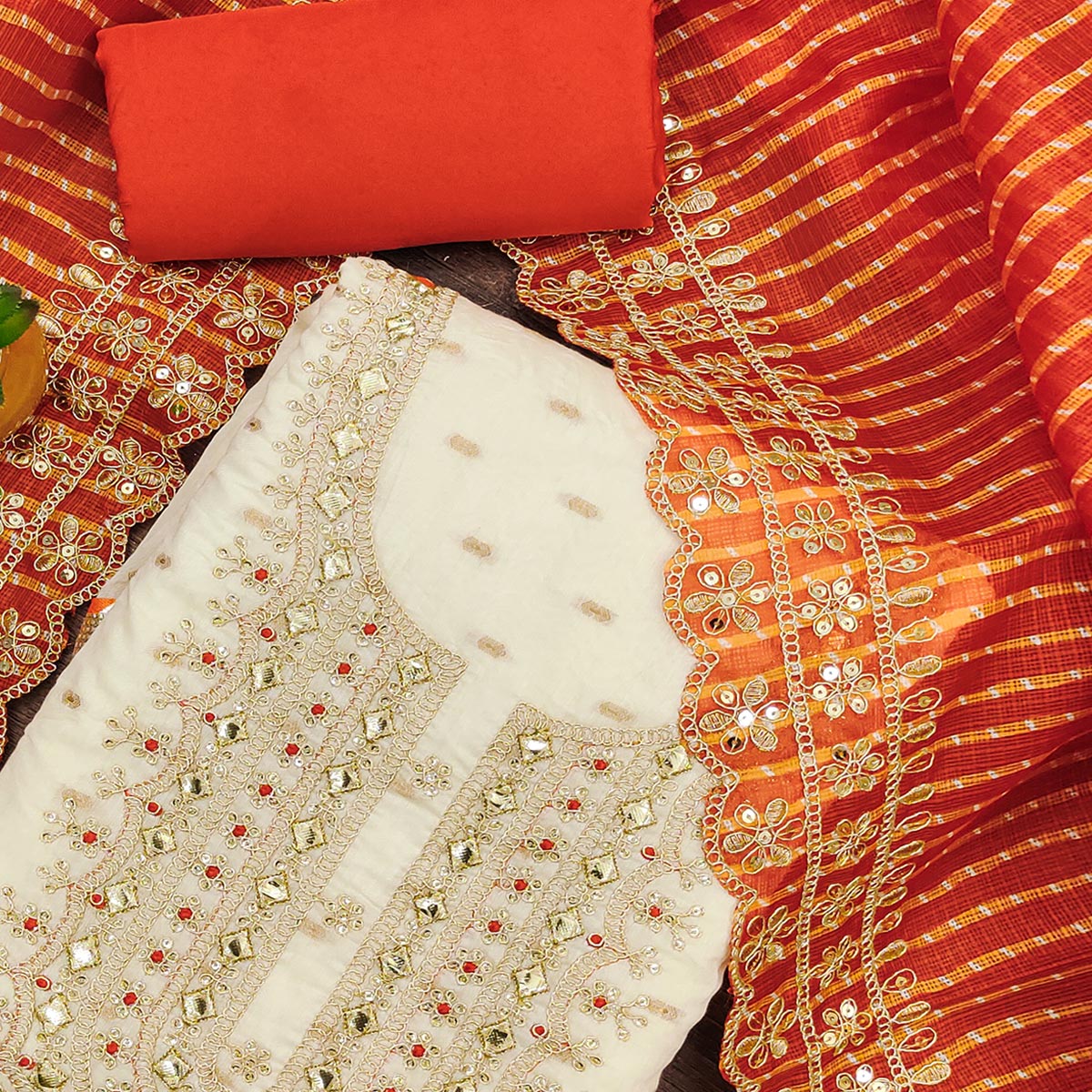 Off White & Orange Embroidered Chanderi Dress Material