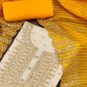Off White & Yellow Embroidered Chanderi Dress Material