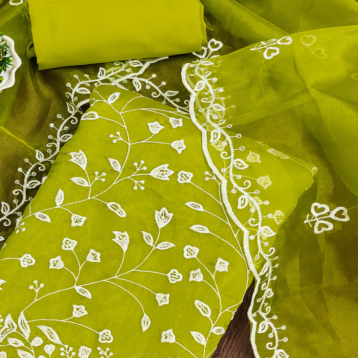 Parrot Green Floral Sequins Embroidered Organza Dress Material