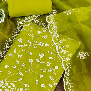 Parrot Green Floral Sequins Embroidered Organza Dress Material