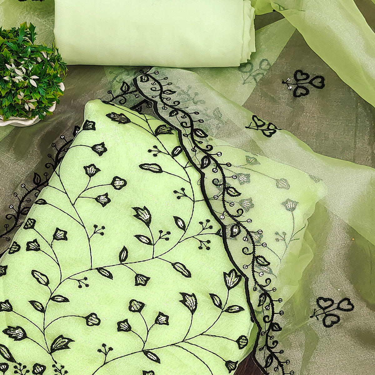 Pista Green Floral Sequins Embroidered Organza Dress Material