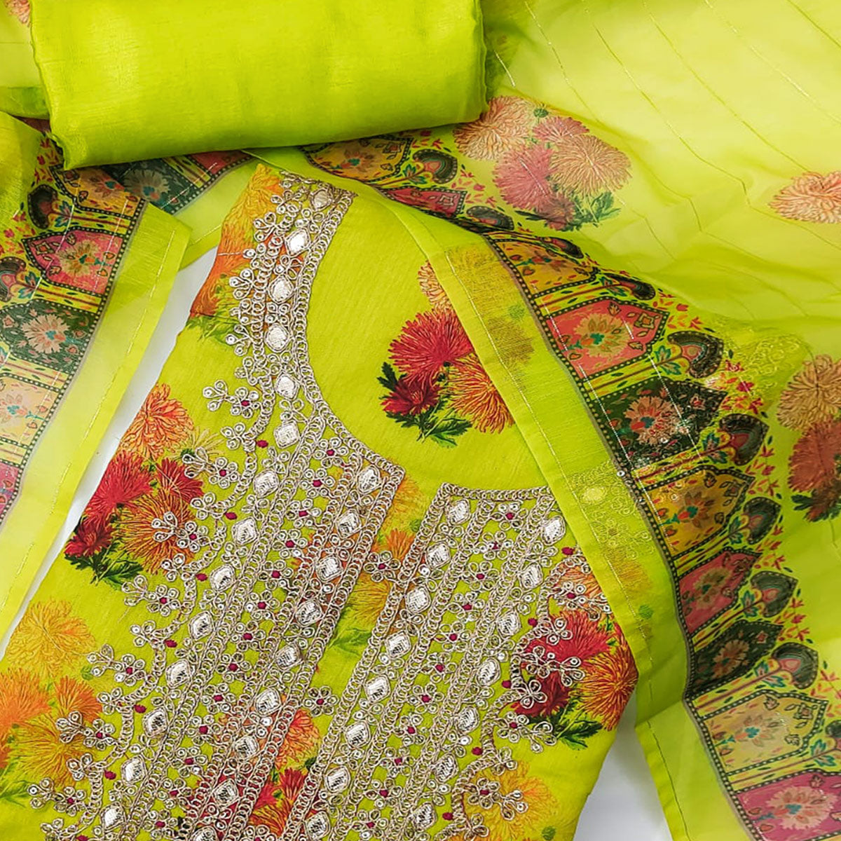 Green Floral Digital Printed With Sequins Embroidery Georgette Dress Material