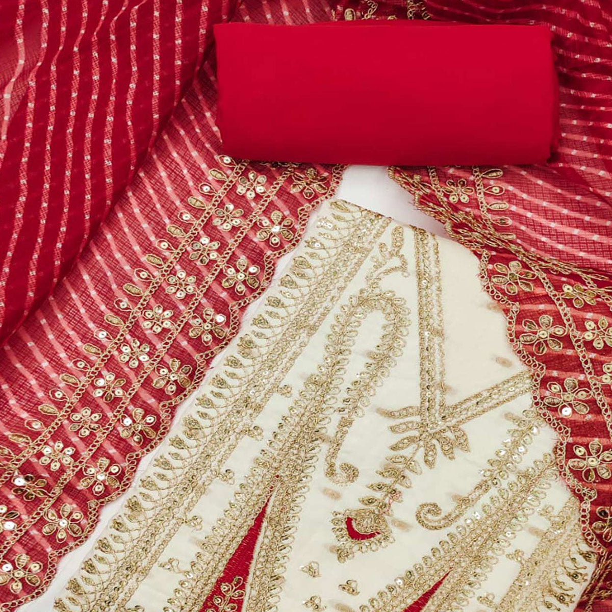 White Woven With Sequins Embroidery Chanderi Dress Material