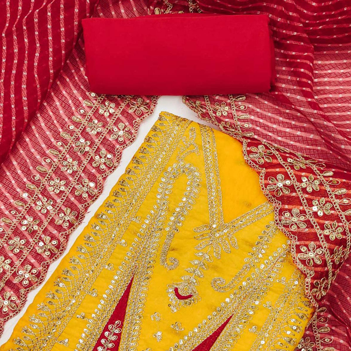 Yellow Woven With Sequins Embroidery Chanderi Dress Material