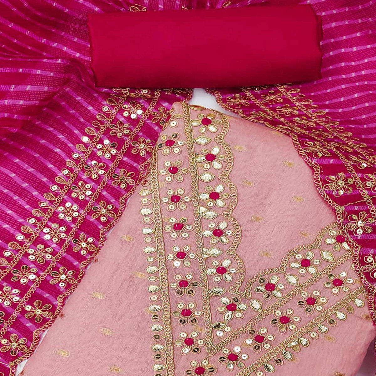 Pink Woven With Sequins Embroidery Chanderi Dress Material