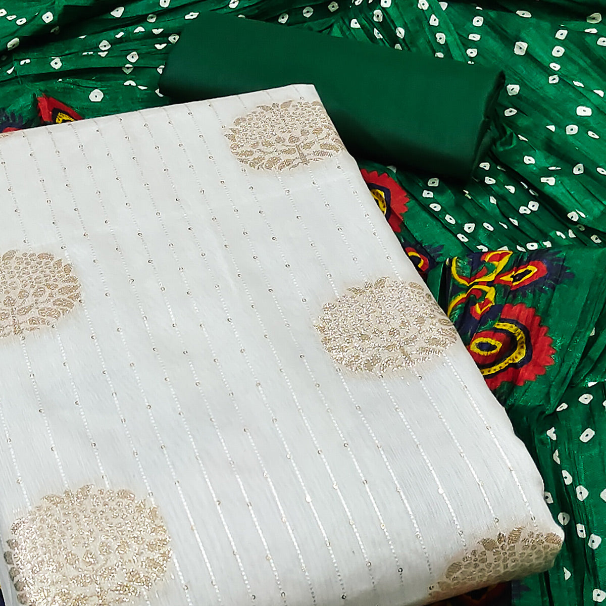 White & Green Sequins Embroidered With Woven Jacquard Dress Material