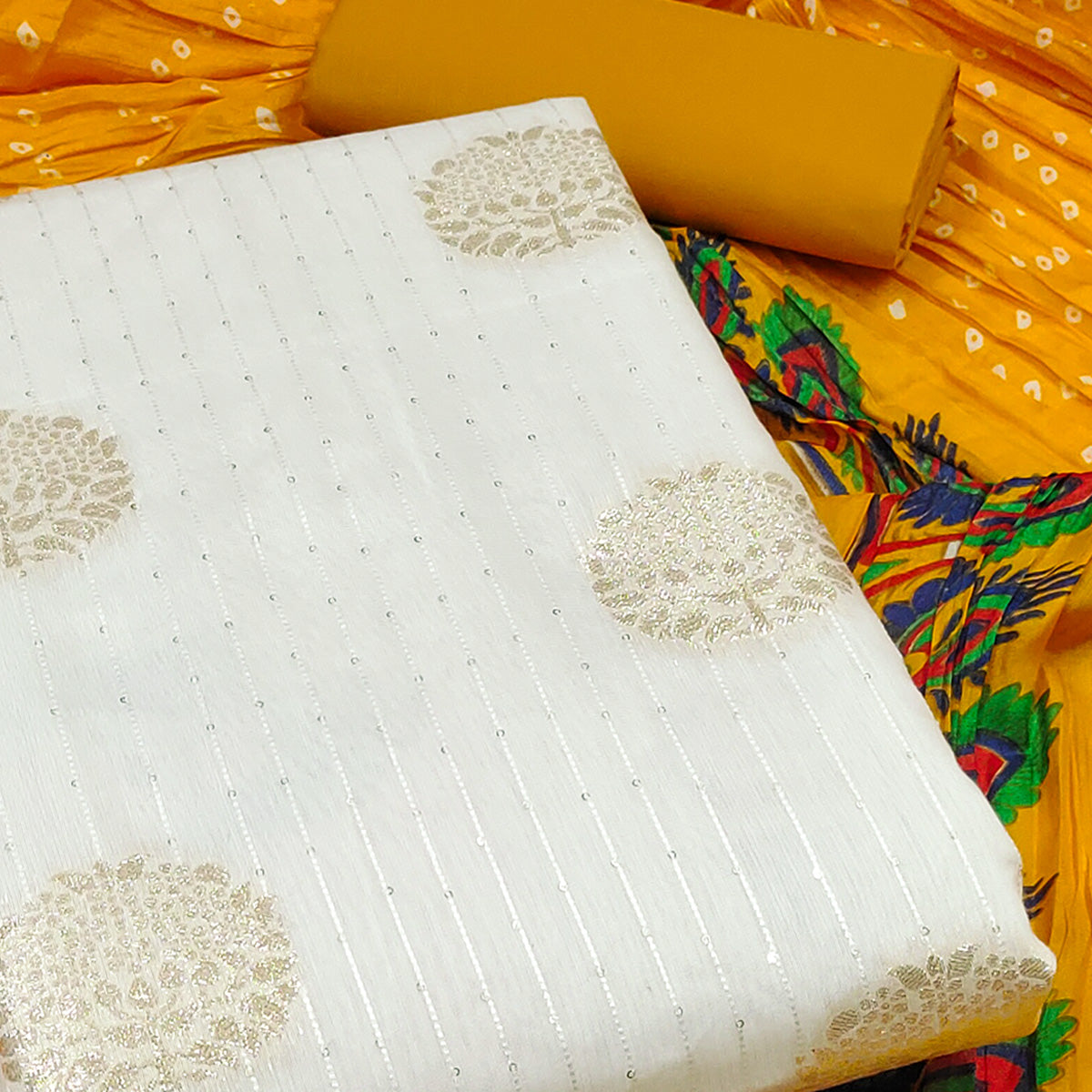 White & Mustard Sequins Embroidered With Woven Jacquard Dress Material