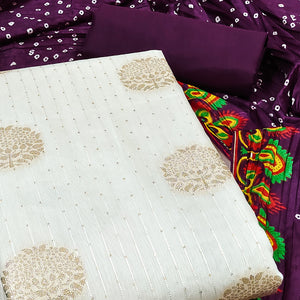 White & Wine Sequins Embroidered With Woven Jacquard Dress Material