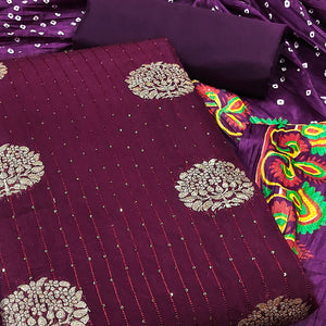 Wine Sequins Embroidered With Woven Jacquard Dress Material