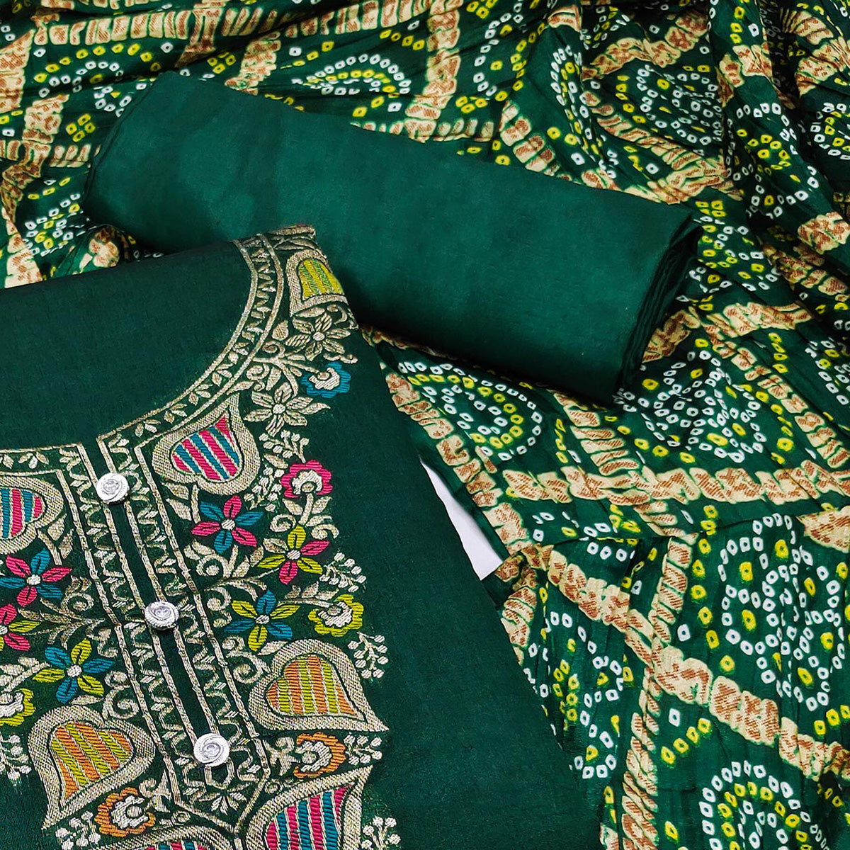 Green Floral Woven Chanderi Jacquard Dress Material
