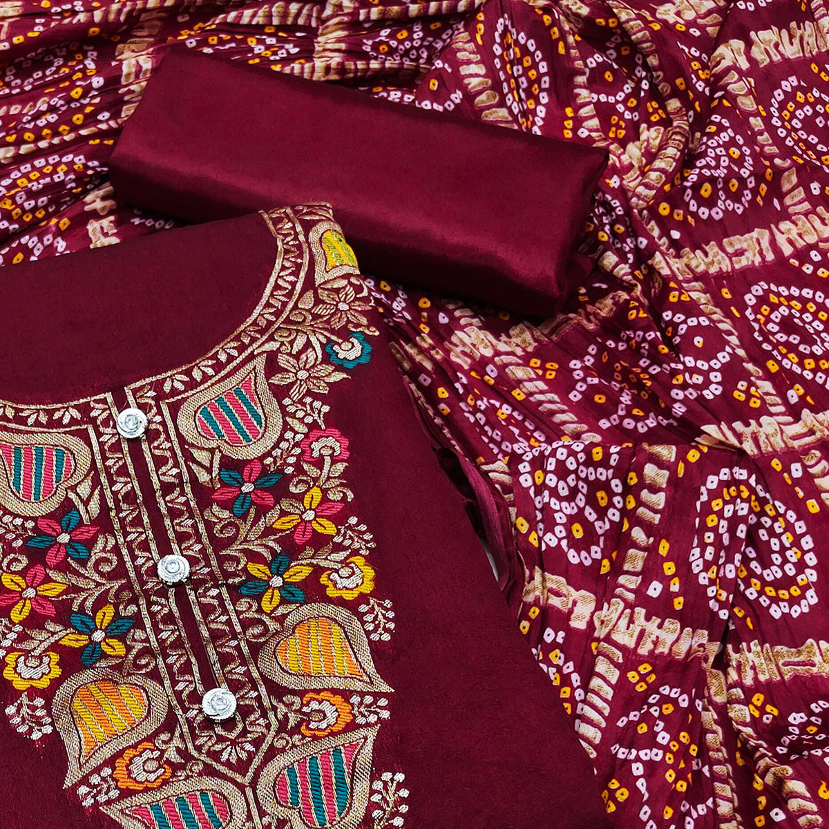 Maroon Floral Woven Chanderi Jacquard Dress Material
